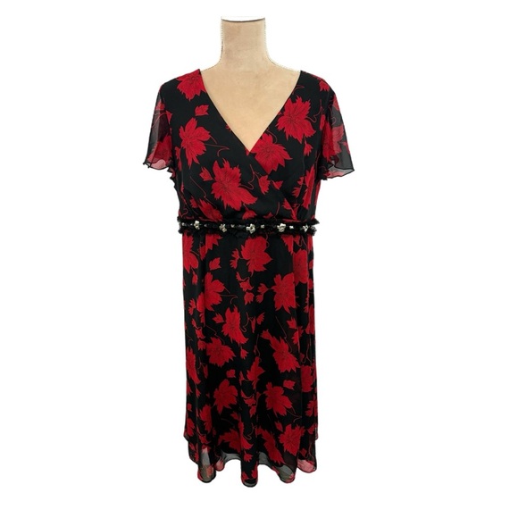CHANGES By TOGETHER Women’s Sz 16 Midi Dress Romantic Red Black Floral Whimsical - Picture 4 of 14